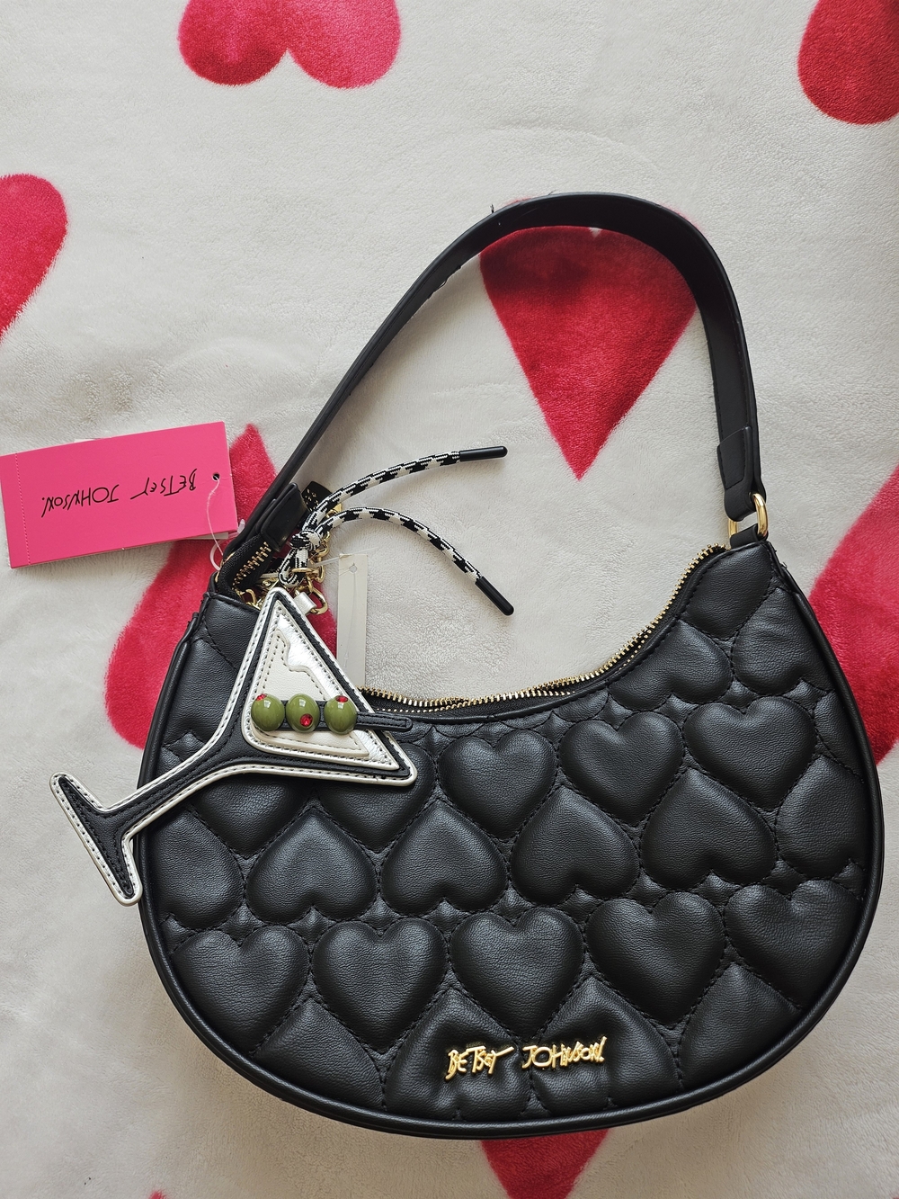 Betsey Johnson Black Quilted Heart Hobo Bag with Martini Charm